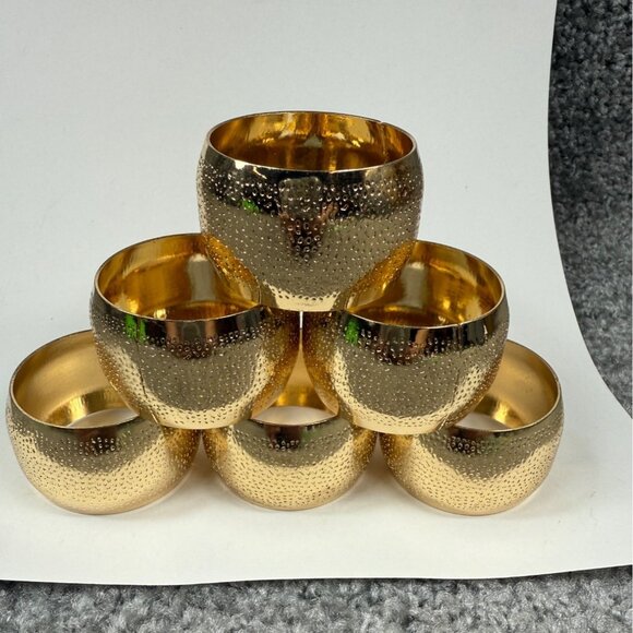 Gold Tone Metal Band Napkin Rings Set of 6 Textured Design Kitchen Dining Use - Picture 2 of 12